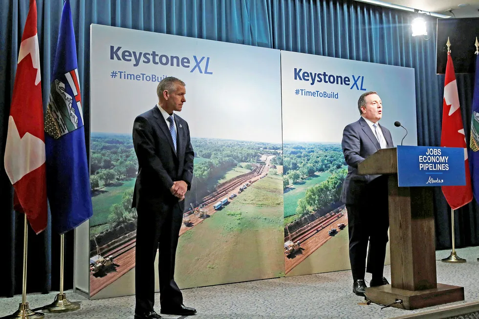 Contentious construction: TC Energy CEO Russ Girling and Alberta Premier Jason Kenney speak on March 31 about construction of the Keystone XL crude oil pipeline project, in Calgary, Alberta, Canada.