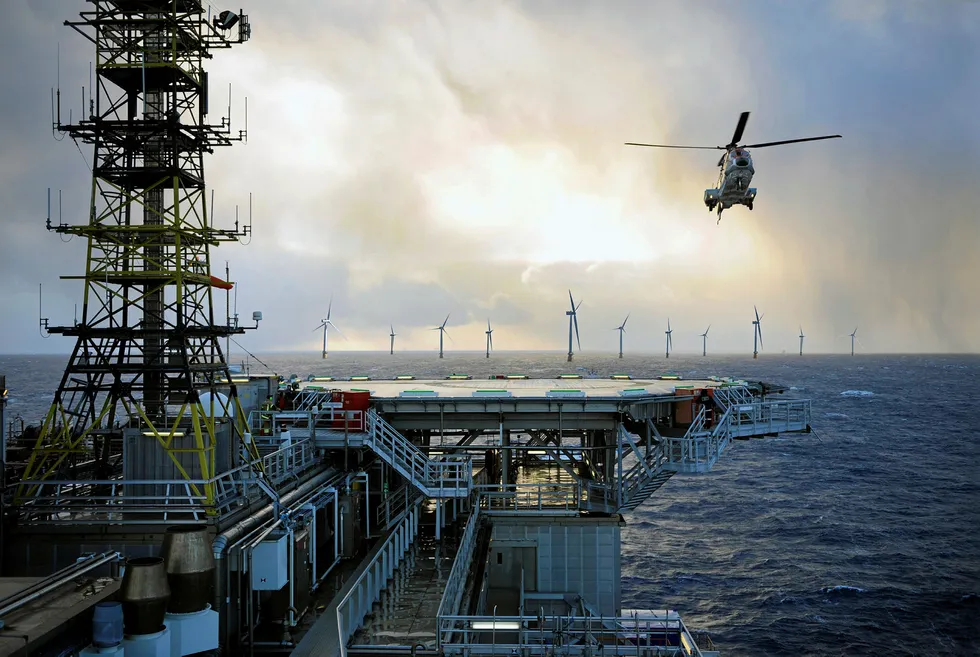 Take off: an illustration shows the proposed 11 turbine Tampen Hywind project in full swing next to the Snorre and Gullfaks platforms in the Norwegian North Sea