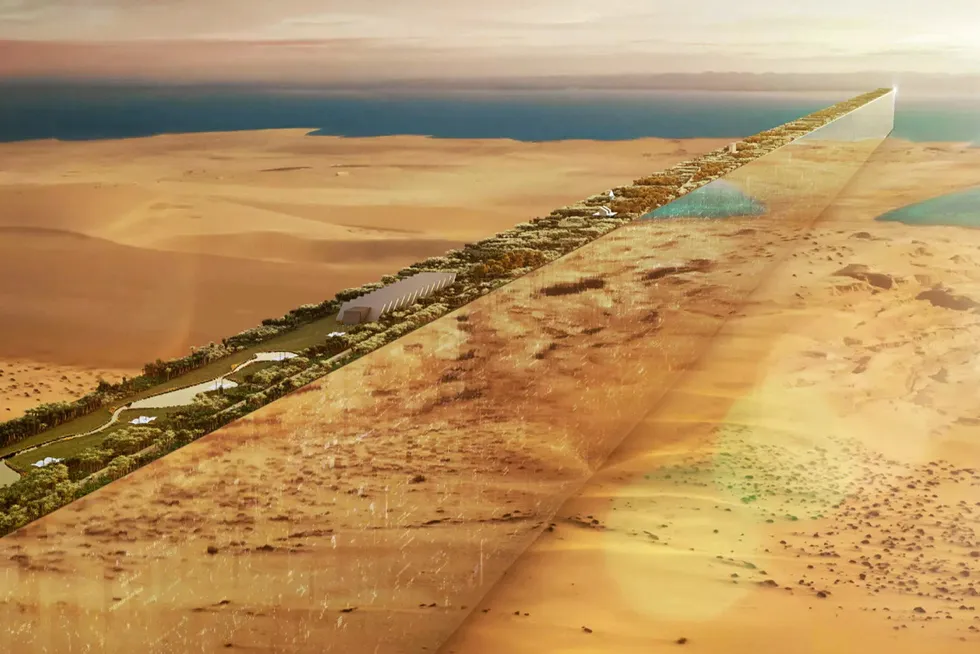 An artist's impression of the 170km-long mirrored city being planned at Neom in the Saudi desert.