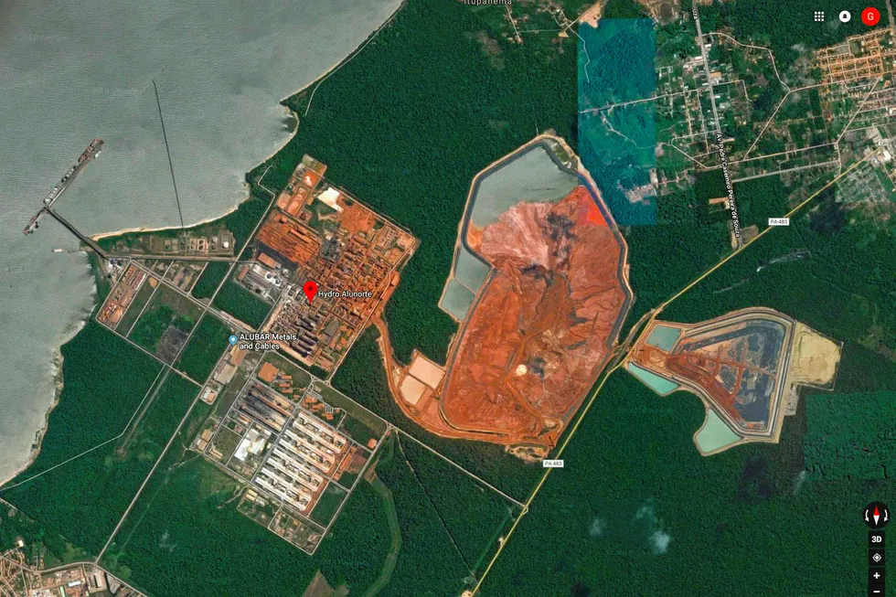 Alunorte-raffineriet ligger i Bacarena i Brasil. Foto: Google Maps
