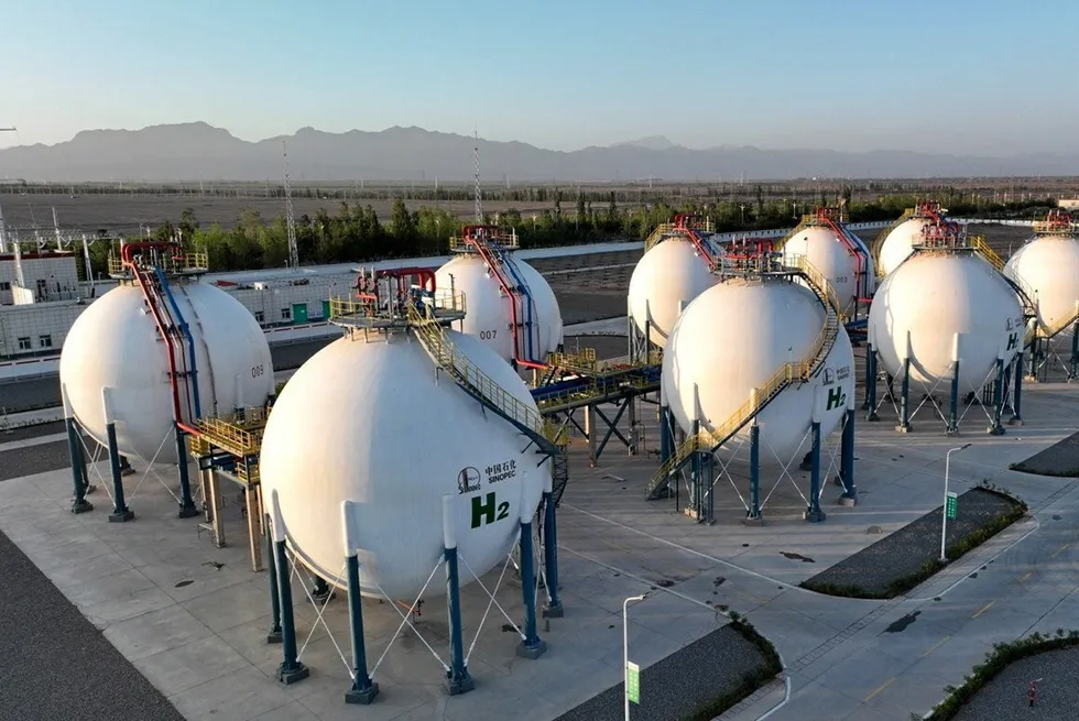 Hydrogen storage tanks at Sinopec's 260MW Kuqa green hydrogen project, the world's largest, in Xinjiang, China.