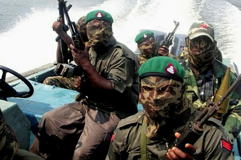 Former rebels-in-arms patrolling the creeks of Southern Ijaw in Bayelsa State: Nigeria looks set to re-emerge as epicentre of rising piracy in the Gulf of Guinea