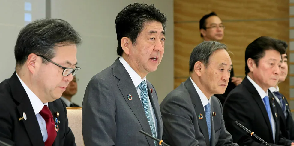 Japanese Prime Minister Shinzo Abe speaking at the government’s renewable energy and hydrogen ministerial conference in Tokyo in December 2017
