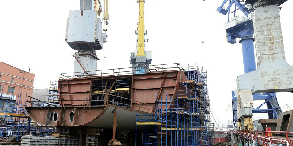 A Russian Fishery Company super trawler under construction.