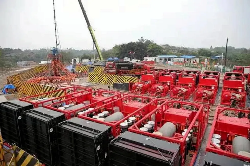 On location: fracking units at the Jinshi 103 well pad in the Sichuan basin.