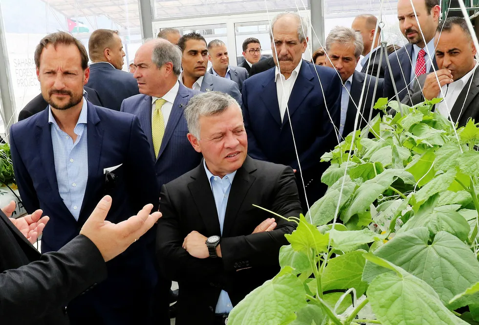 Kronprins Haakon og Jordans Kong Abdullah var med på å åpne demoanlegget stiftelsen Sahara Forest Project startet i Jordan i fjor. Det relaterte aksjeselskapet sliter tungt.