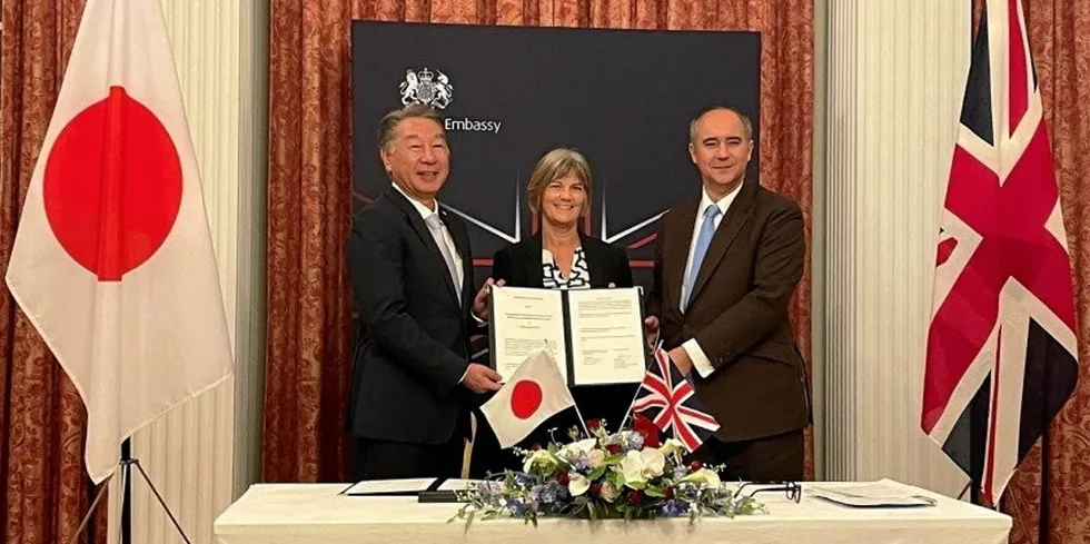 Left to right: the chief operating officer of Marubeni's power division, Satoru Harada; the UK's ambassador to Japan, Julia Longbottom; and the UK's minister of business and trade, Lord Dominic Johnson.