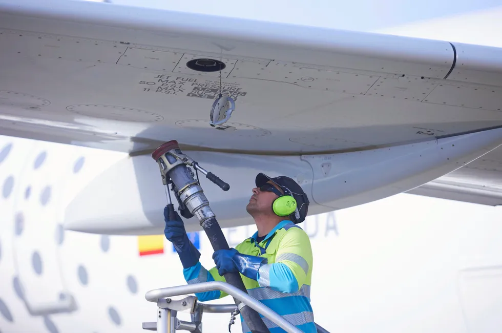 An airplane about to be refuelled with SAF supplied by Cepsa at Seville airport in Spain.