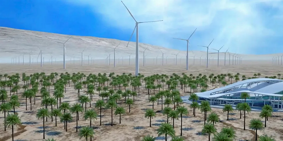 Artist impression of Soluna wind farm and blockchain unit