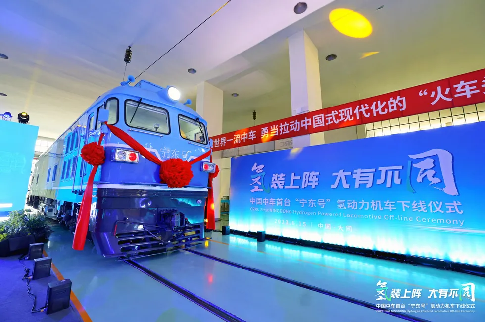 The newly converted 'Ningdong' locomotive at a CRRC facility in Datong, China.