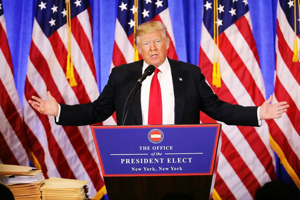 Donald Trump gikk høyt ut mot de mange anklagene under sin første pressekonferanse på lenge onsdag. Foto: Spencer Platt/AFP/NTB scanpix