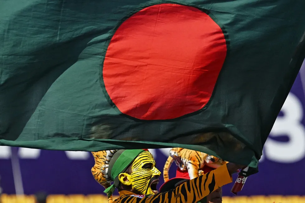Patriotic: a fan waving Bangladesh's national flag at the 2023 ICC Men's Cricket World Cup one-day international match against England in October 2023.