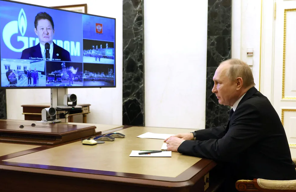 Business as usual: Gazprom executive board chairman Alexei Miller reports, via video feed, on the progress of the Kovykta gas field to Russian President Vladimir Putin in December 2022.