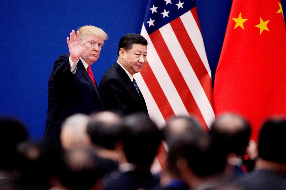 USAs president Donald Trump under et møte i fjor med Kinas president Xi Jinping. De to landene er nå engasjert i en handelskrig.