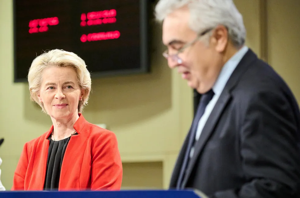 European Commission President Ursula von der Leyen looks on as IEA executive director Fatih Birol talks about the new report at a press conference in Brussels on 12 December.
