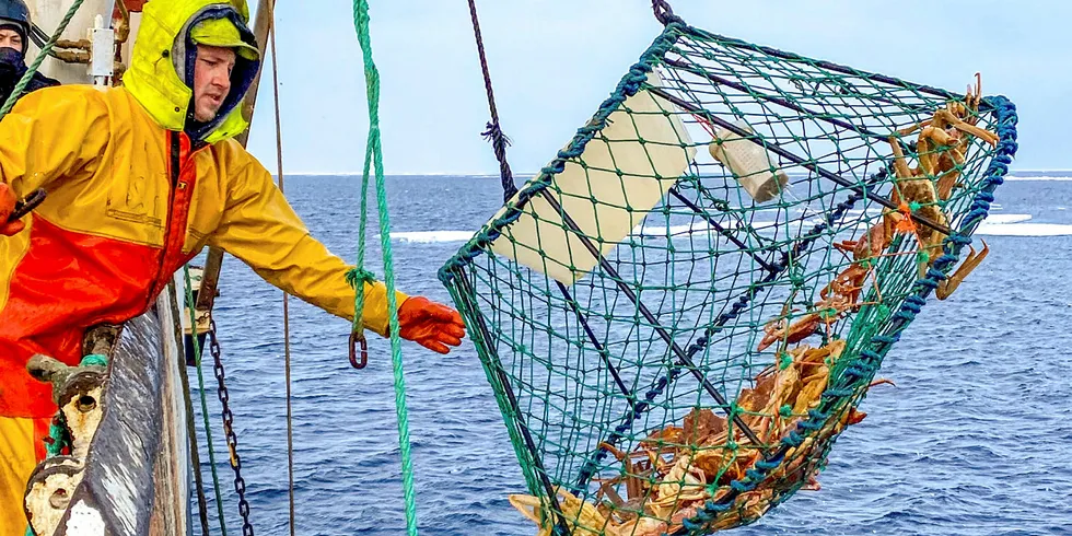 Mannskap ombord på «Northeastern» som tar imot teiene med snøkrabbe i Svalbardsonen.