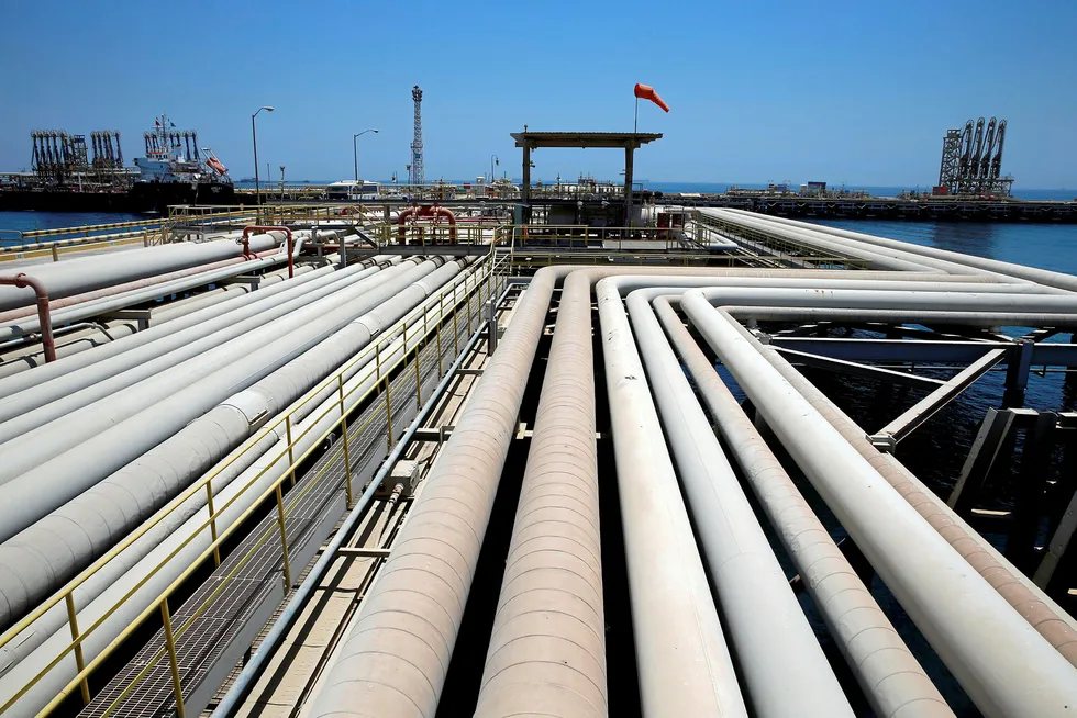 Process: an oil tanker is loaded at Saudi Aramco's Ras Tanura terminal