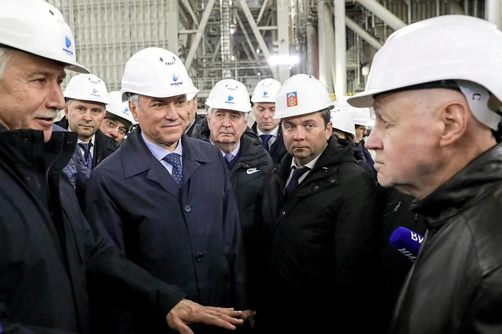 Communication: Novatek executive chairman Leonid Mikhelson (left) with leading members of the Russian parliament at the Novatek-operated LNG construction yard in Belokamenka.
