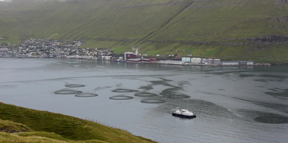 Havsbrun produserer fiskemel, fiskeolje og laksefôr og er et heleid datterselskap av Bakkafrost. Anlegget ligger i Fuglarfjordur på Færøyene. Foran ser vi et av Bakkafrosts sjøanlegg.