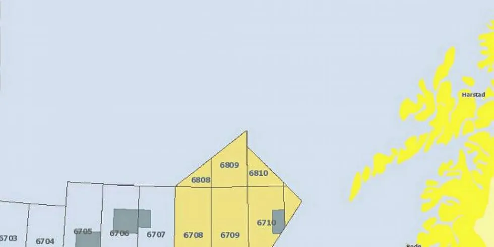 ÅPNES: Kartet viser Nordland 6 i lys gult. Ordlyden om Nordland seks er endret samt status på oljekartet, mens det tidligere var omtalt som uåpnet er det nå omtalt som «åpent, men med begrensninger».Kart: Oljedirektoratet
