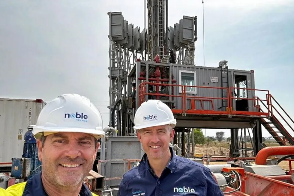 Discovery? Noble Helium chief executive Justyn Wood (left) and exploration manager Ashley Howlett at the site of the Mbelele-1 well in Tanzania in November 2023.