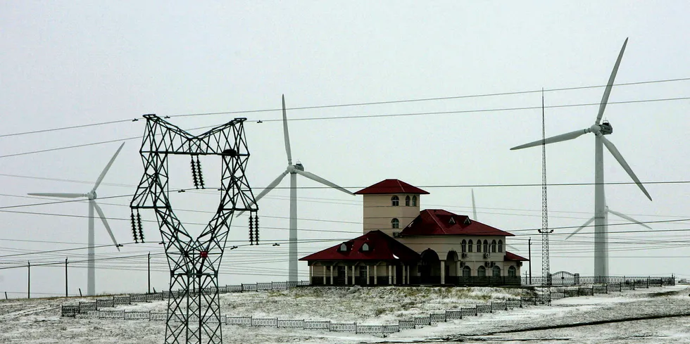 wind turbines and power lines in Inner Mongolia