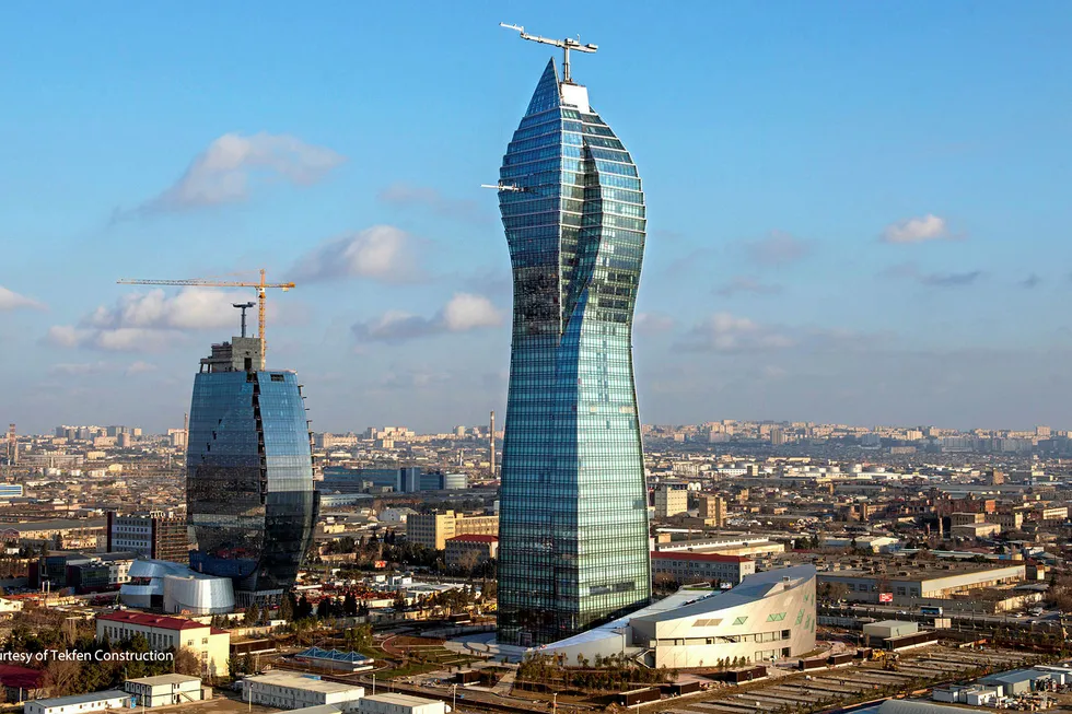 Covid-19 measures: Socar Tower in Baku, Azerbaijan