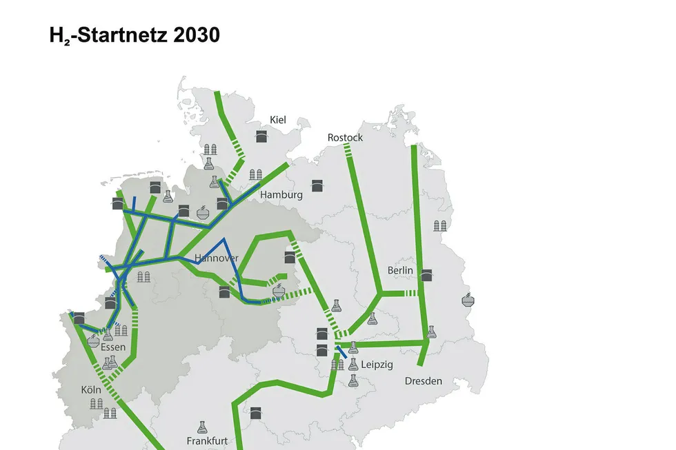 H2 Startnetz: A map of a hydrogen pipeline network planned for Germany.