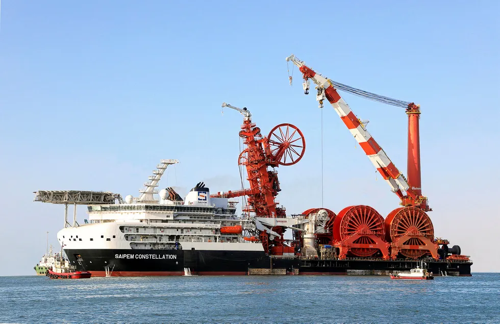 Pressing ahead: the ultra-deepwater rigid and flexible pipelay, heavy lift and construction vessel Saipem Constellation is one of two working on the Liza-2 project