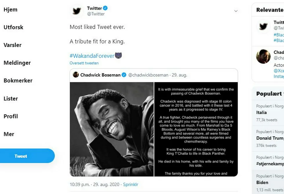 Meldingen om skuespiller Chadwick Bosemans død satte Twitter-rekord. Meldingen om skuespiller Chadwick Bosemans død satte Twitter-rekord.