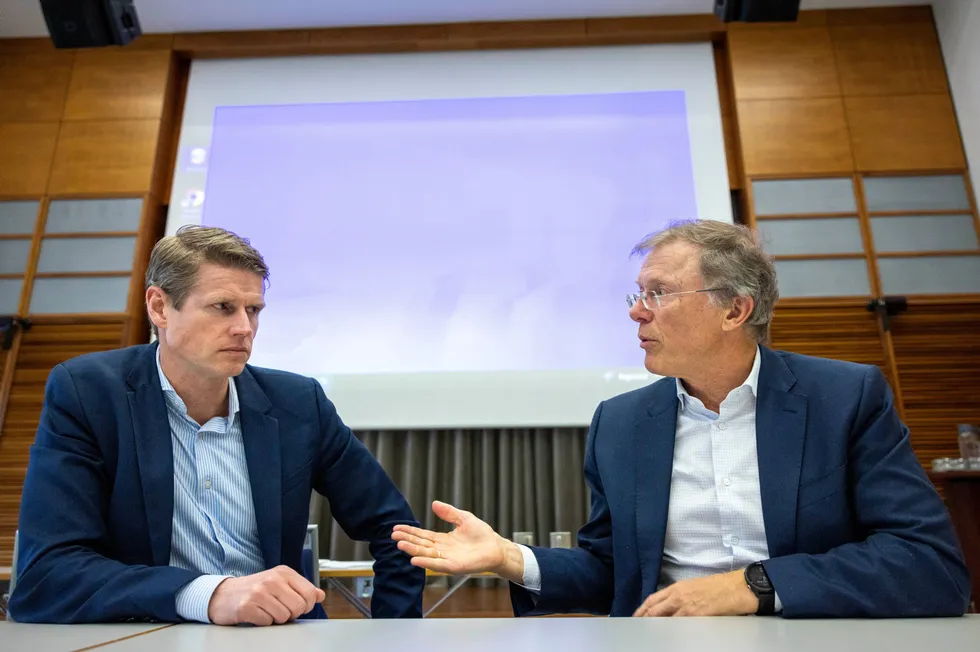 Investorene Ole Petter Kjerkreit og Peter Hermanrud presenterte et dystert scenario for næringseiendom under den årlige regnskapskonferansen til Forening for Finansfag på tirsdag.