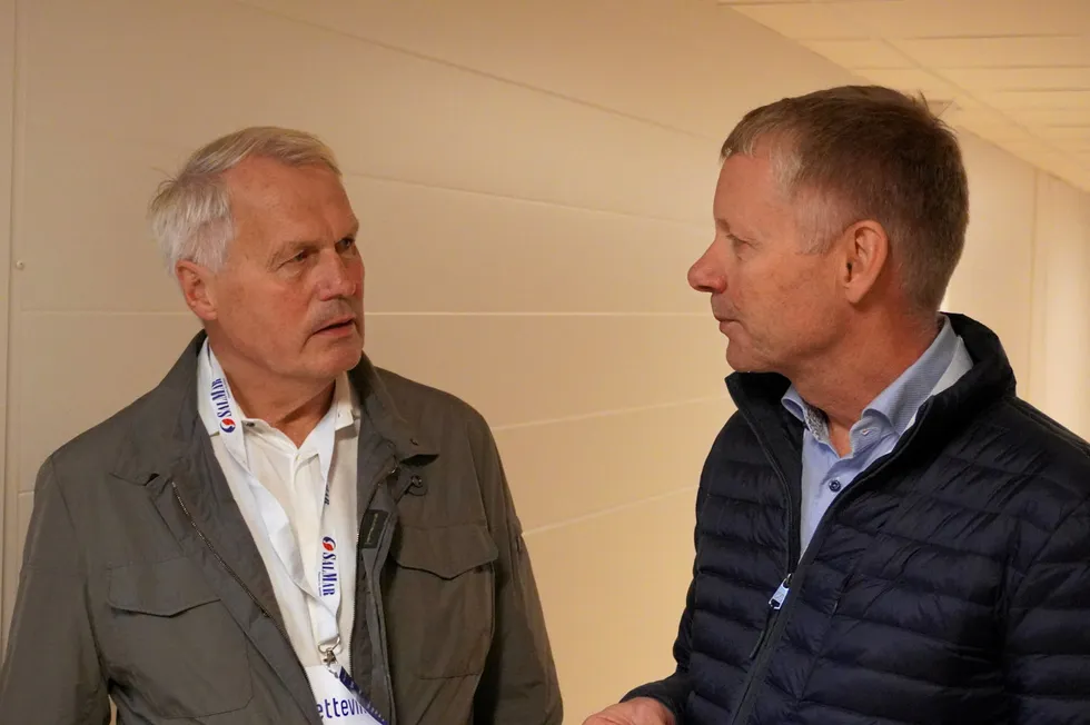 SalMar Chairman Gustav Witzoe (left) with Icelandic Salmon CEO Bjorn Hembre. Icelandic is 51 percent owed by SalMar.