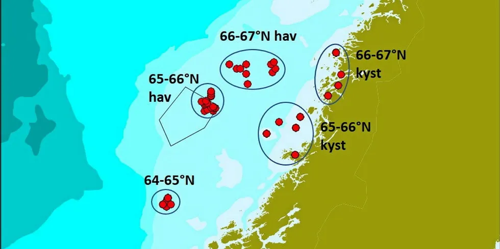 Kartet viser hvor de undersøkte kveitene ble fanget. Området som er stengt for kveitefiske er markert med en svart femkant.