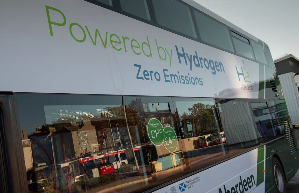 H2 drive: in this photo taken on 5 November 2020, a hydrogen-powered double-decker bus is pictured in Ellon, Scotland