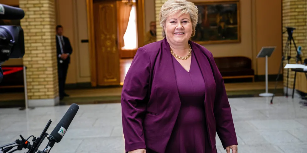 Avtroppende statsminister Erna Solberg, her under fremleggelsen av revidert statsbudsjett i fjor.