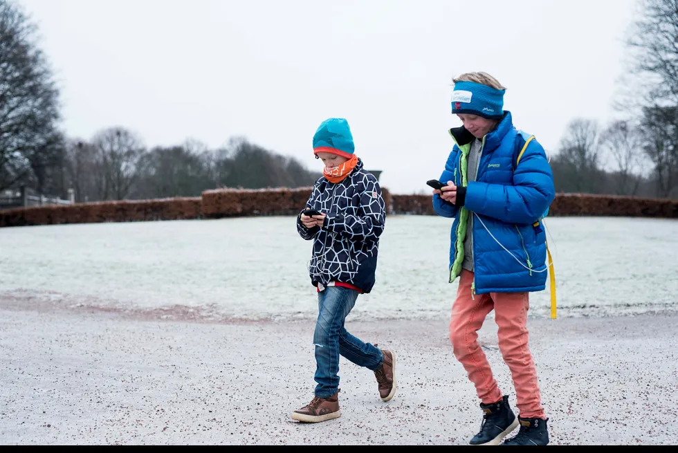 Vestein (9) og Yrjar Hustuft (11) har fått i julekalendergave å reise fra Vestfold til Frognerparken for å lete etter Pokémons. Foto: Skjalg Bøhmer Vold
