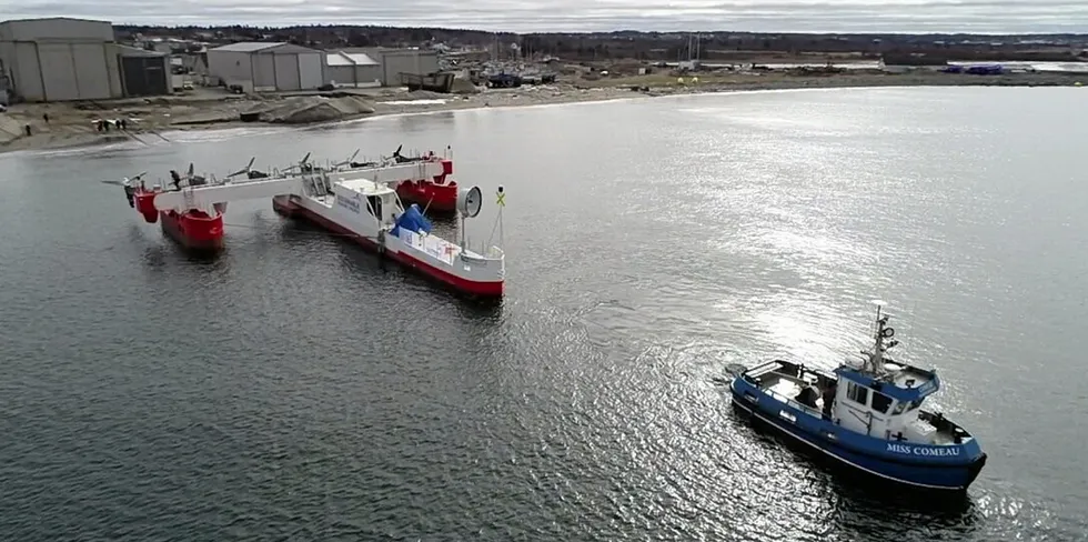Sustainable Marine's floating tidal power platform in tow off Nova Scotia, Canada