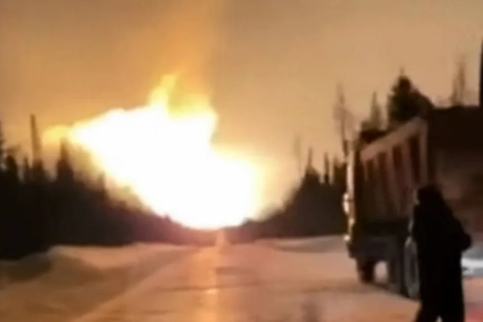 Siberian northern lights: A screenshot from a witness' video of the fire at a gas pipeline near the Russian settlement of Lykhma in the Khanty-Mansiysk region.