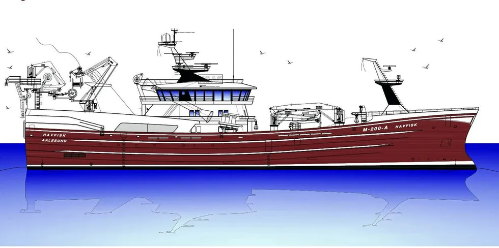 Tegning av Veibust-rederiets nye båt. Den skal bygges ved Karstensens Skibsværft i Skagen.