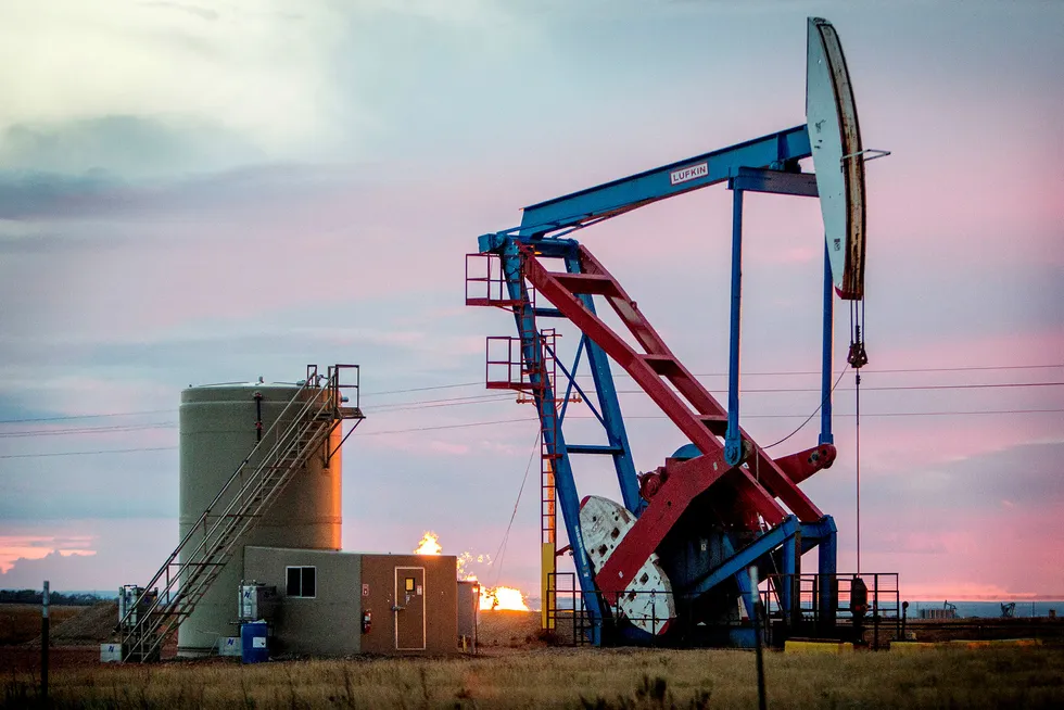 En nikkepumpe i utkanten av Williston i USA. Flere oljeprodusenter i landet sliter som følge av den lave oljeprisen.