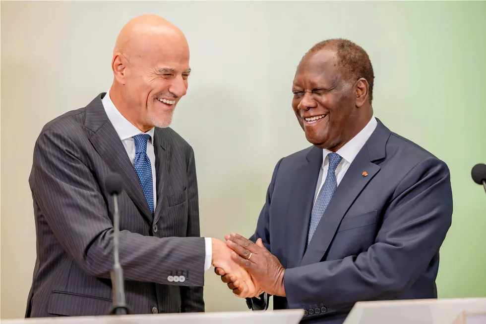 Big find: Eni chief executive Claudio Descalzi (left) meets Ivory Coast President Alassane Ouattara