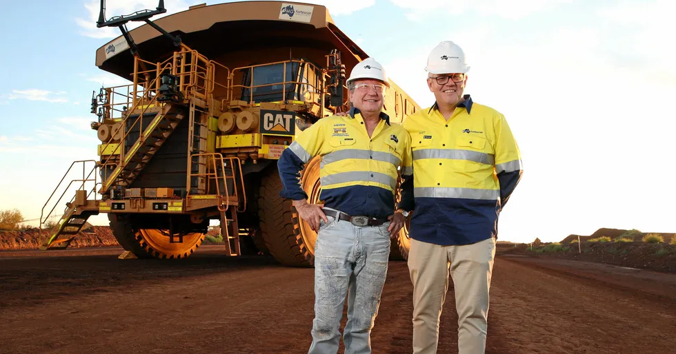 Andrew Forrest, left, with Australian prime minister Scott Morrison at a Fortescue Metals Group iron-ore mining operation in Western Australia in April.