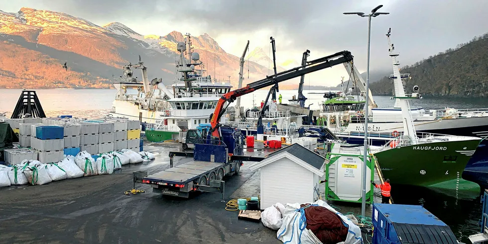 FORTSATT DØR DET LAKS:Kasse på kasse med død laks heises opp på kaia på landbasen til Northern Lights Salmon i Balteskard i Sør-Troms.