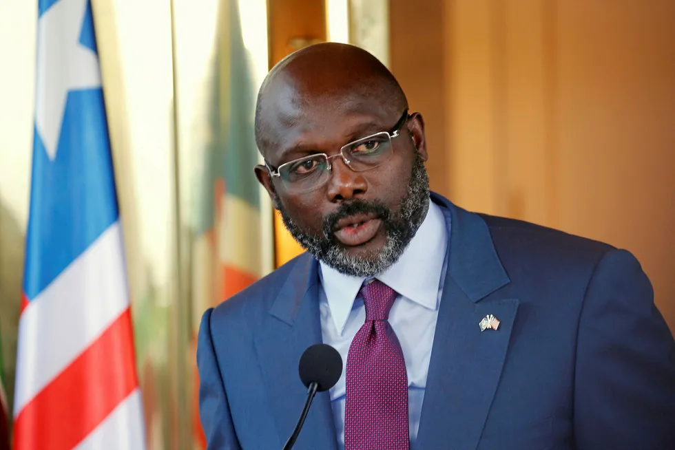 Liberia President: George Weah speaks during a news conference