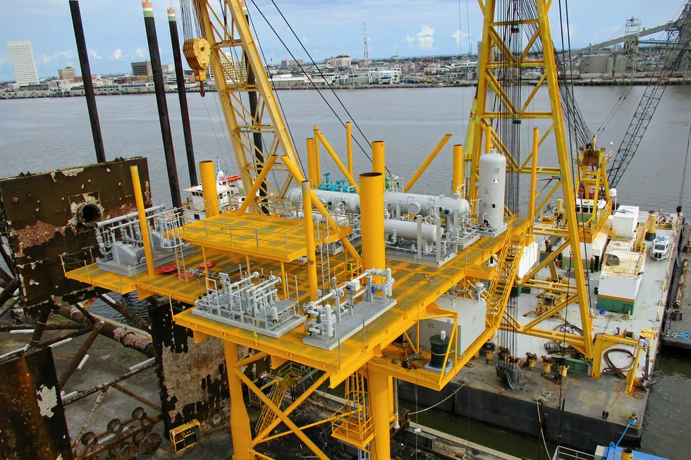 Strategy: A tripod platform for South Marsh Island Block 71 in the US Gulf under construction in Galveston, Texas