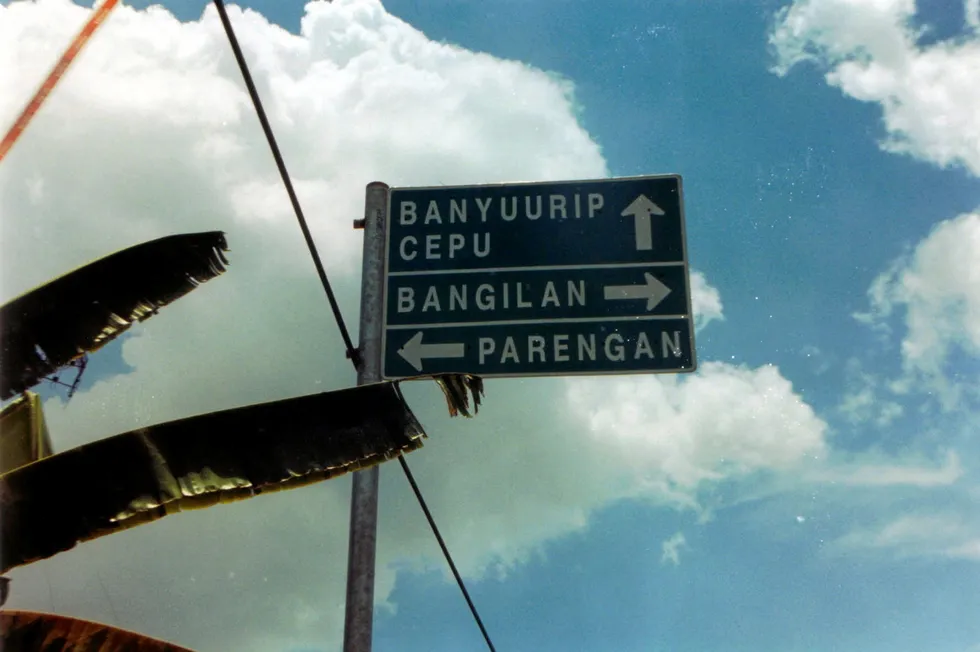 Sign showing way to Banyu Urip and Cepu, Java, Indonesia.