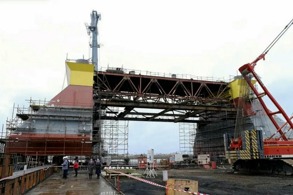 On schedule: steel foundations for the Grayfer field in the Caspian Sea under construction at the Galaktika shipyard near Astrakhan, Russia