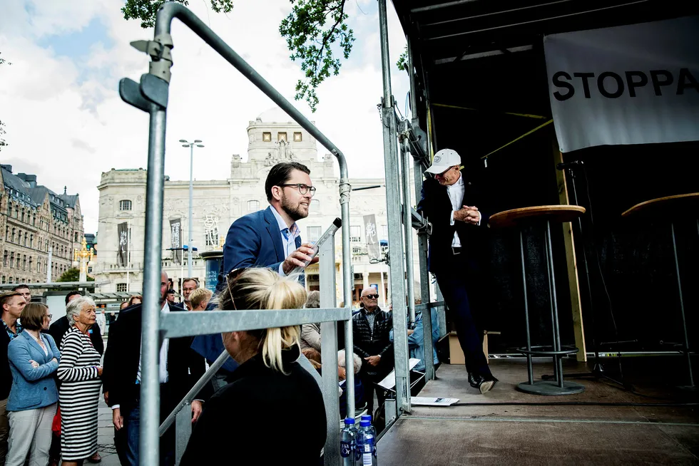 Jimmie Åkesson, partileder i Sverigedemokratene fotografert på et valgmøte i Stockholm.