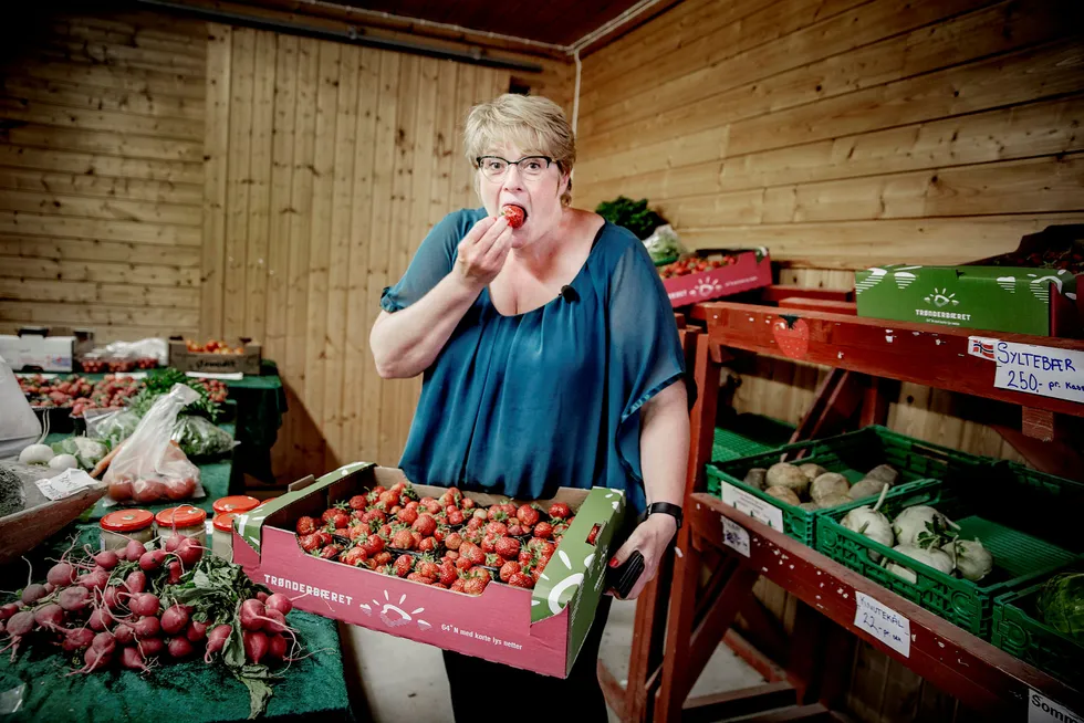 Borte bra, hjemme best. Venstre-leder Trine Skei Grande kjøper jordbær til sin 85 år gamle mor fra gårdsutsalget på Jåddåren. Foto: Øyvind Nordahl Næss
