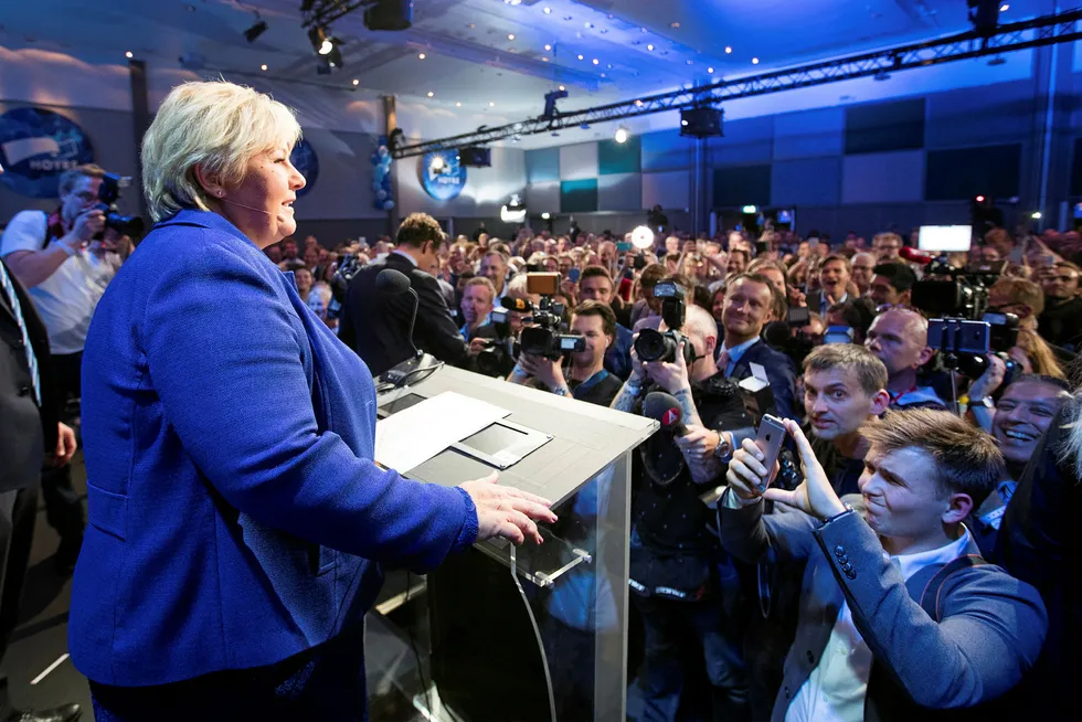 Victory rally: Norwegian Prime Minister Erna Solberg addresses supporters in Oslo on election night